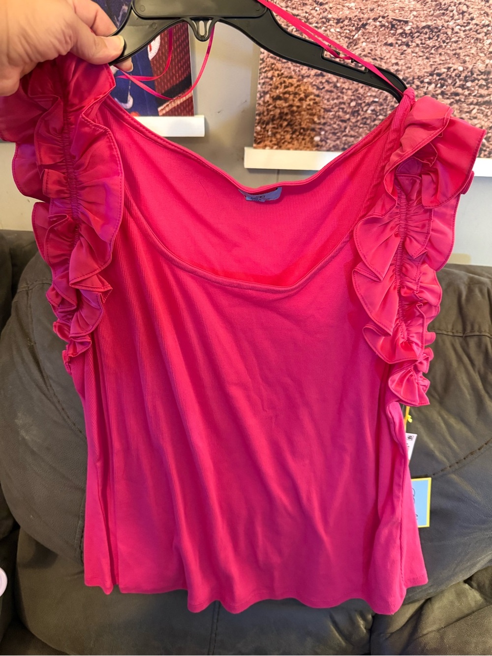 CeCe Hot Pink Ruffle Shoulder Tank Top